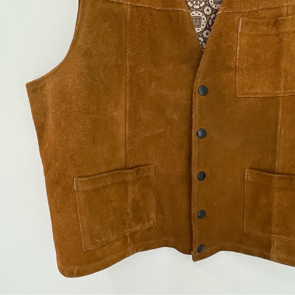 Vintage Brown Suede Leather Vest 70s Design Lining Western | Mens 46 - Picture 5 of 11